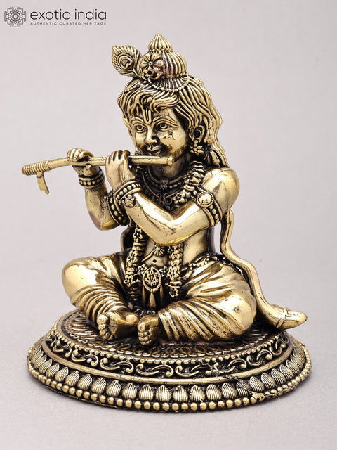 4" Small Superfine Baby Krishna Playing Flute | Brass Statue