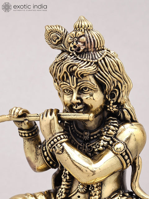 4" Small Superfine Baby Krishna Playing Flute | Brass Statue
