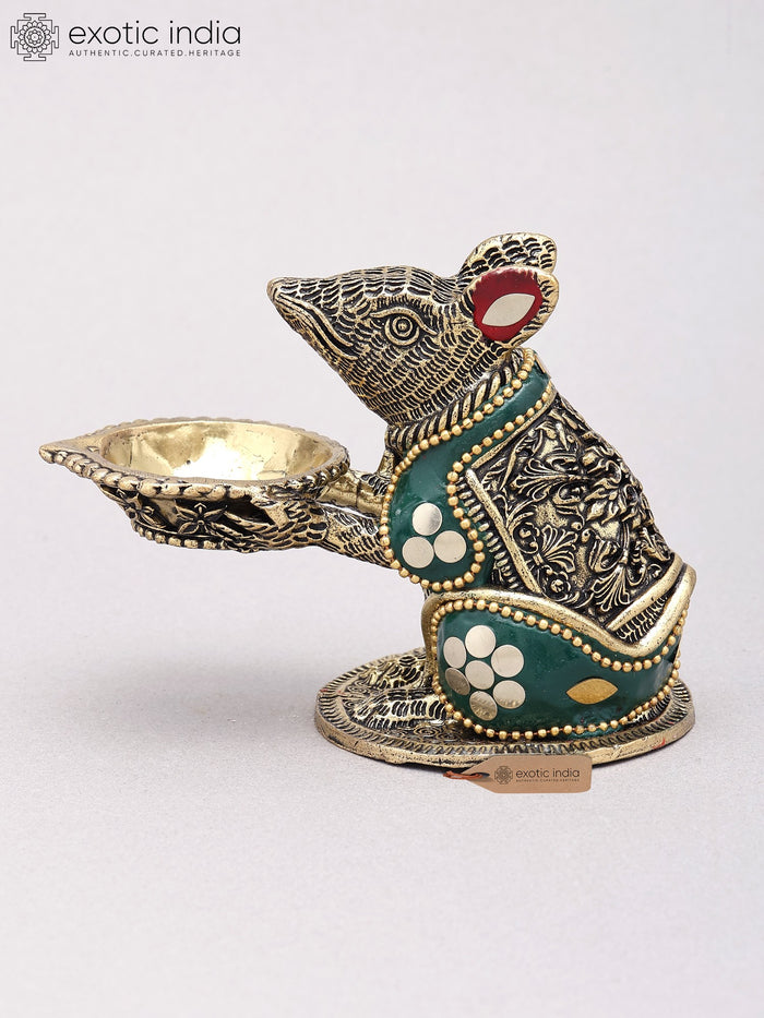 4" Small Ganesha Vahana Brass Rat Statue with Oil Lamp