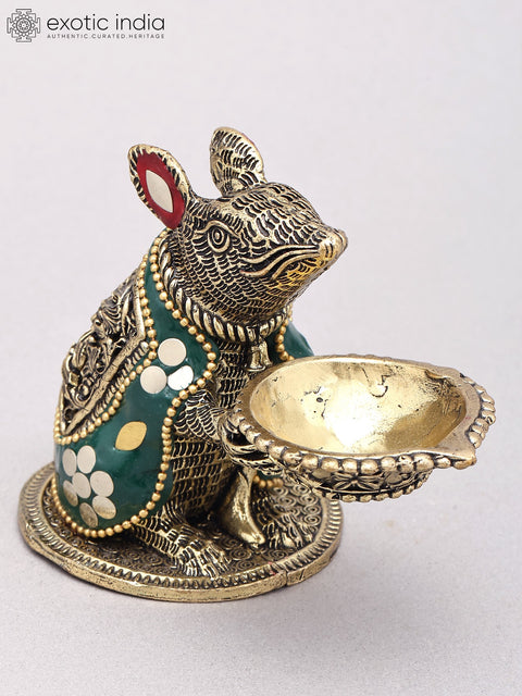 4" Small Superfine Ganesha's Vahana : Brass Rat with Oil Lamp