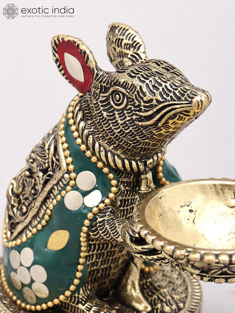 4" Small Superfine Ganesha's Vahana : Brass Rat with Oil Lamp