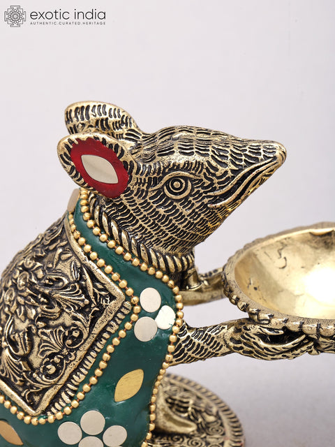 4" Small Superfine Ganesha's Vahana : Brass Rat with Oil Lamp