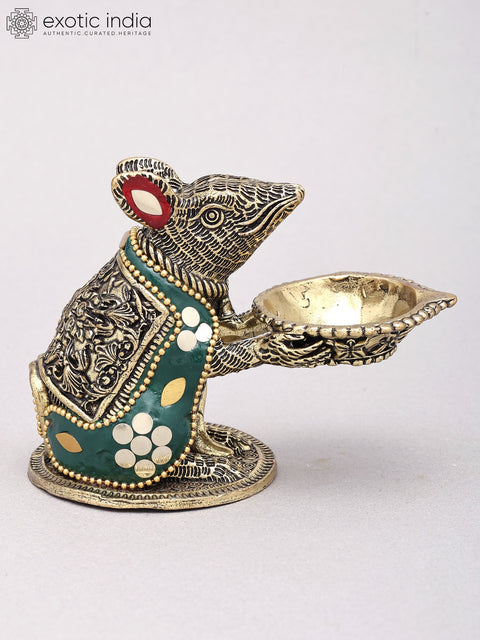 4" Small Superfine Ganesha's Vahana : Brass Rat with Oil Lamp