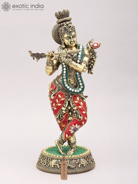 13" Superfine Lord Krishna Playing Flute | Brass Statue with Inlay Work