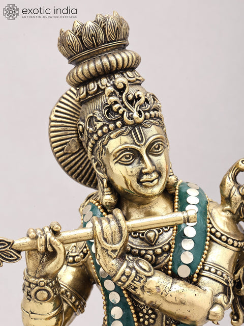 13" Superfine Lord Krishna Playing Flute | Brass Statue with Inlay Work