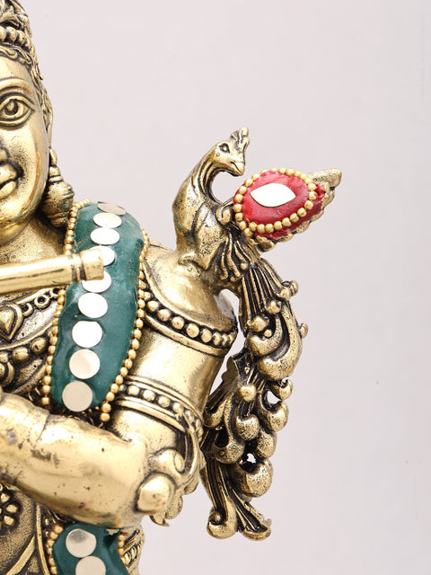 13" Superfine Lord Krishna Playing Flute | Brass Statue with Inlay Work