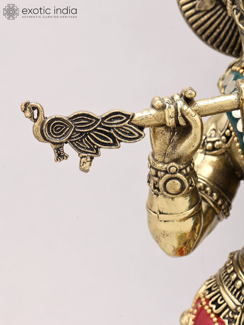 13" Superfine Lord Krishna Playing Flute | Brass Statue with Inlay Work