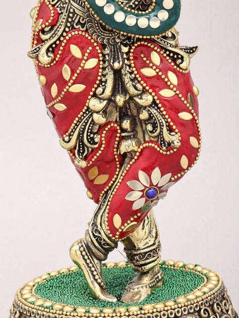 13" Superfine Lord Krishna Playing Flute | Brass Statue with Inlay Work