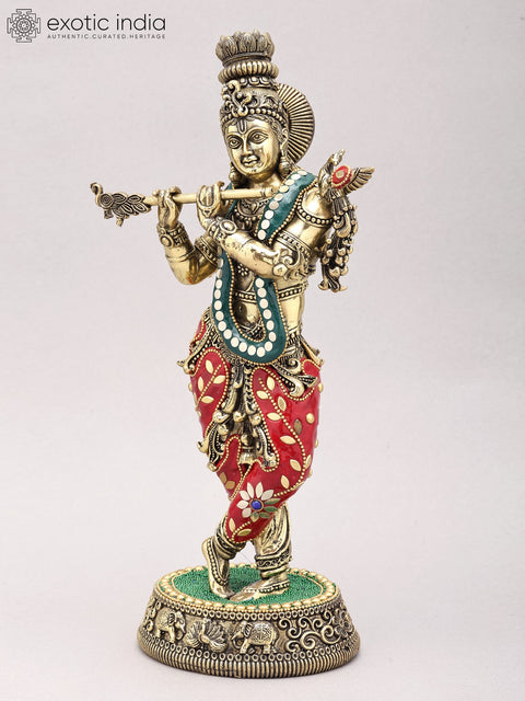 13" Superfine Lord Krishna Playing Flute | Brass Statue with Inlay Work