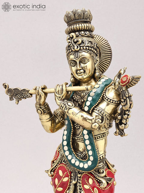13" Superfine Lord Krishna Playing Flute | Brass Statue with Inlay Work