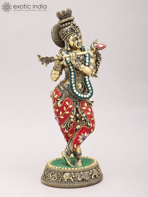 13" Superfine Lord Krishna Playing Flute | Brass Statue with Inlay Work