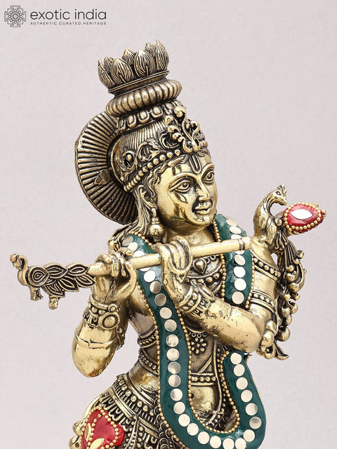 13" Superfine Lord Krishna Playing Flute | Brass Statue with Inlay Work