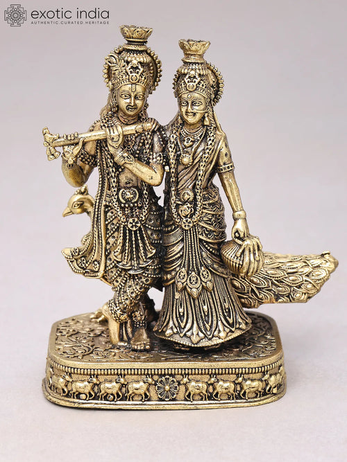 8" Superfine Radha Krishna with Peacock Brass Statue