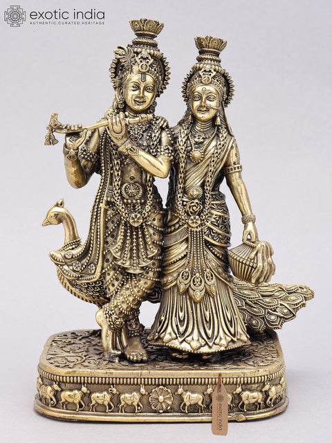 8" Superfine Standing Radha Krishna with Peacock | Brass Statue