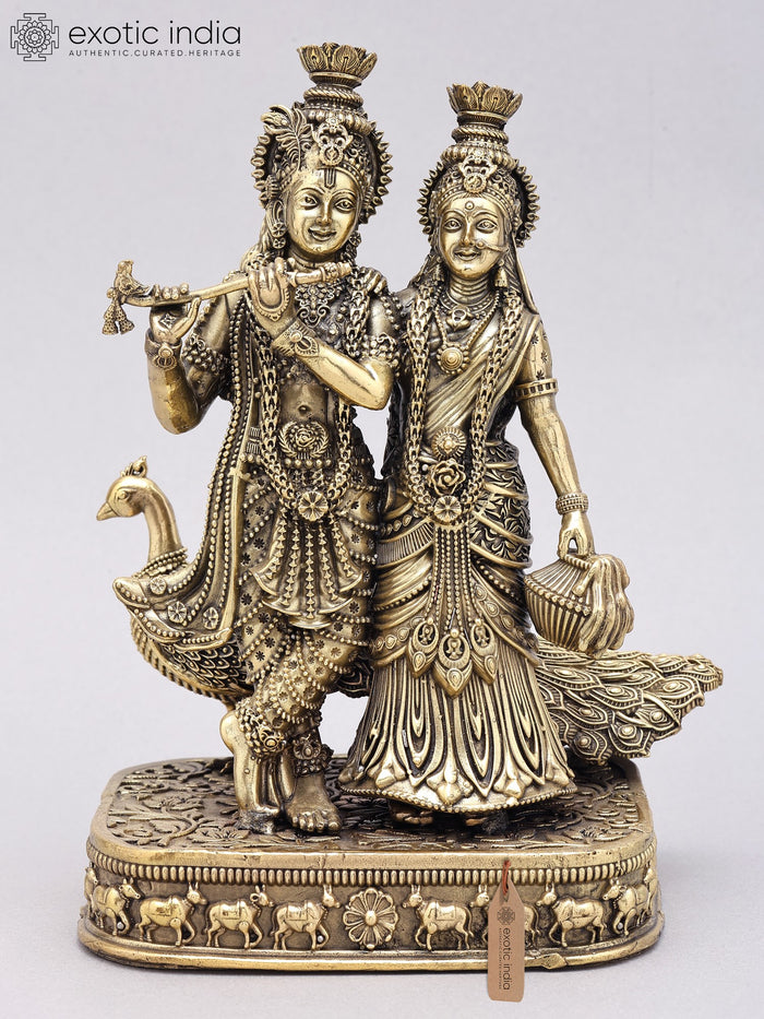 8" Superfine Standing Radha Krishna with Peacock | Brass Statue