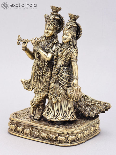 8" Superfine Standing Radha Krishna with Peacock | Brass Statue