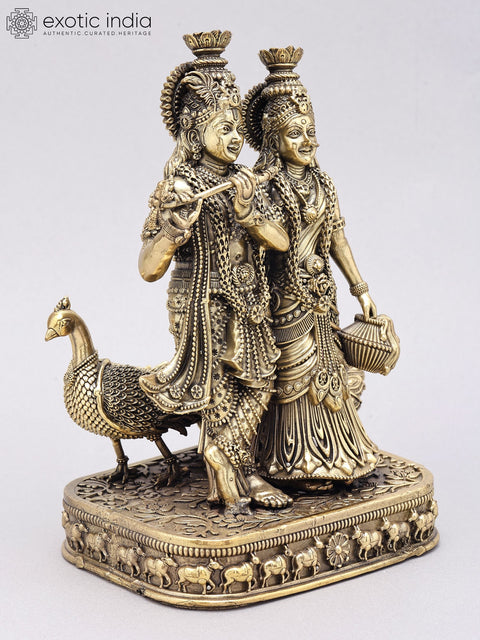 8" Superfine Standing Radha Krishna with Peacock | Brass Statue