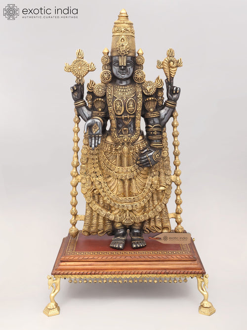 34" Large Brass Tirupati Balaji Statue with Wood Pedestal for Pooja