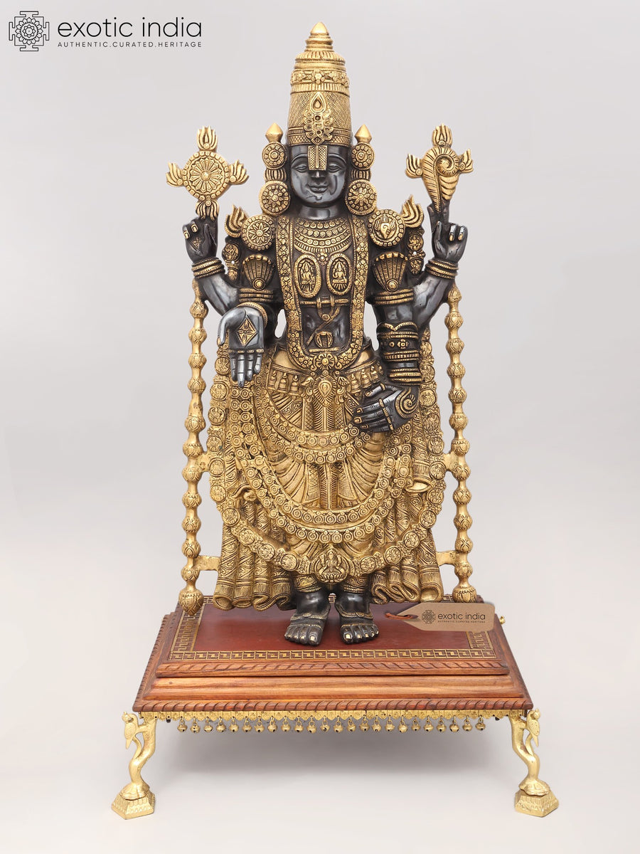34" Large Brass Tirupati Balaji Statue with Wood Pedestal for Pooja