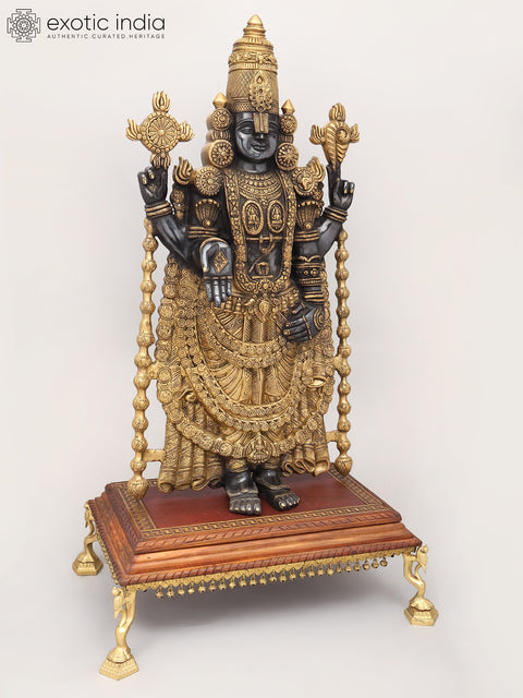 34" Large Brass Tirupati Balaji (Venkateshvara) Statue on Wood Pedestal