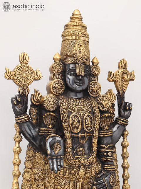 34" Large Brass Tirupati Balaji (Venkateshvara) Statue on Wood Pedestal