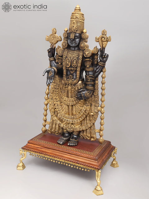 34" Large Brass Tirupati Balaji (Venkateshvara) Statue on Wood Pedestal