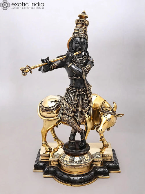 26" Cow Krishna Brass Idol for Home Pooja