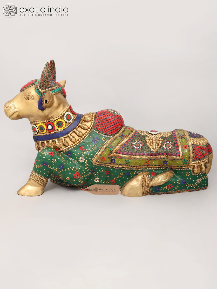40" Large Nandi Vahana Brass Statue with Inlay Work