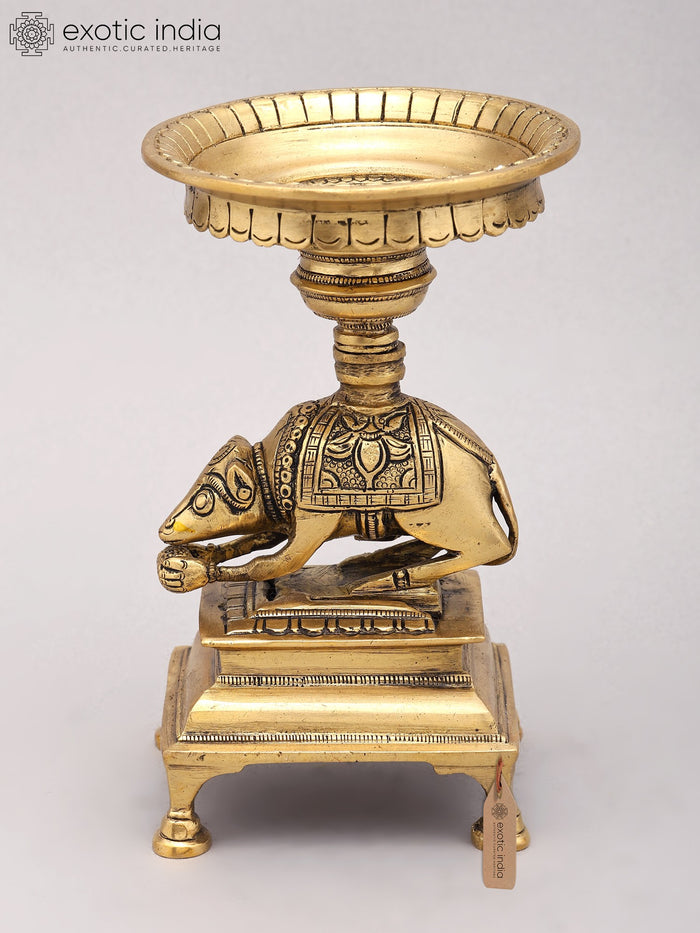 6" Small Traditional Brass Oil Lamp with Ganesha Vahana Mouse Base | Handmade Diya Stand
