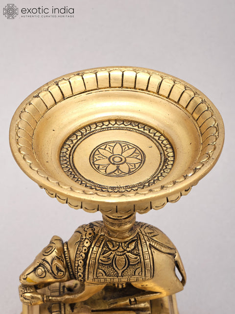 6" Small Traditional Brass Oil Lamp with Ganesha Vahana Mouse Base | Handmade Diya Stand