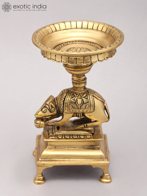 6" Small Traditional Brass Oil Lamp with Ganesha Vahana Mouse Base | Handmade Diya Stand