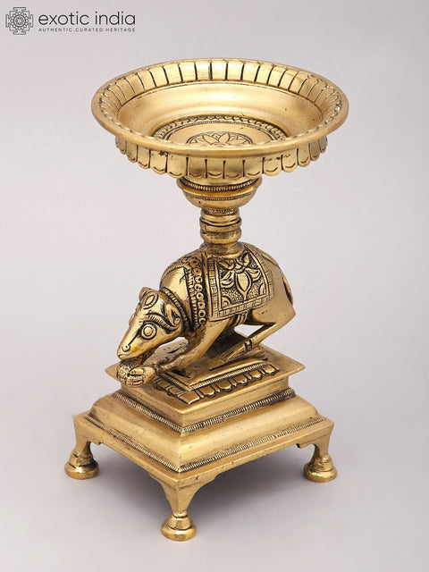 6" Small Traditional Brass Oil Lamp with Ganesha Vahana Mouse Base | Handmade Diya Stand