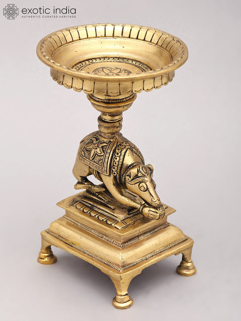 6" Small Traditional Brass Oil Lamp with Ganesha Vahana Mouse Base | Handmade Diya Stand