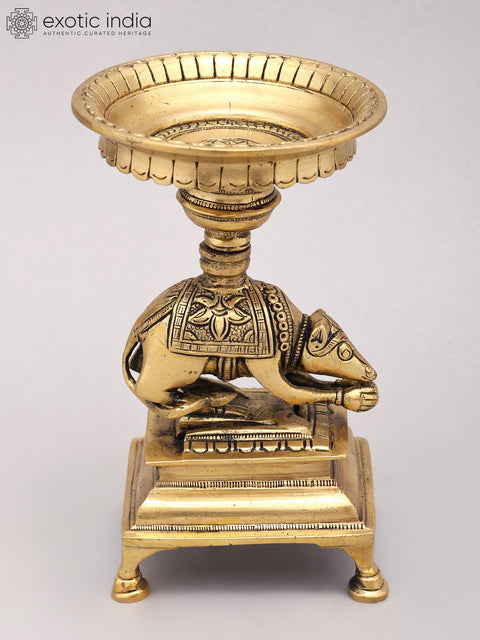 6" Small Traditional Brass Oil Lamp with Ganesha Vahana Mouse Base | Handmade Diya Stand