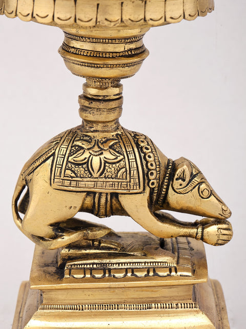 6" Small Traditional Brass Oil Lamp with Ganesha Vahana Mouse Base | Handmade Diya Stand
