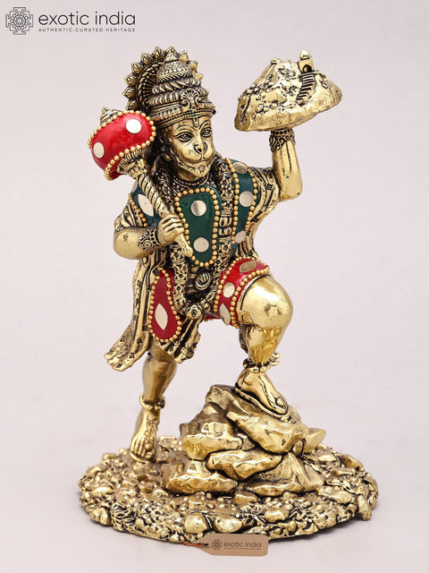 6" Small Sanjivani Hanuman | Brass Statue with Inlay Work
