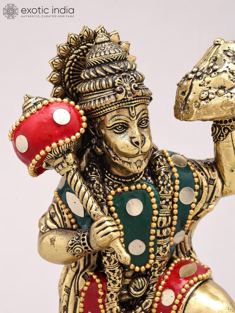 6" Small Sanjivani Hanuman | Brass Statue with Inlay Work