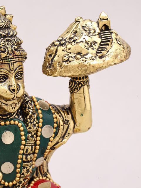 6" Small Sanjivani Hanuman | Brass Statue with Inlay Work
