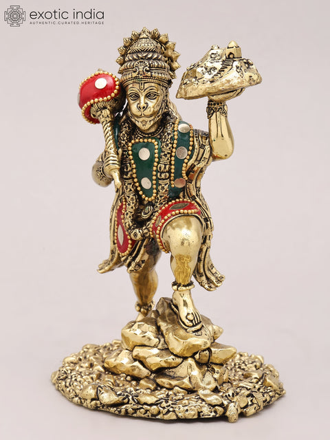 6" Small Sanjivani Hanuman | Brass Statue with Inlay Work