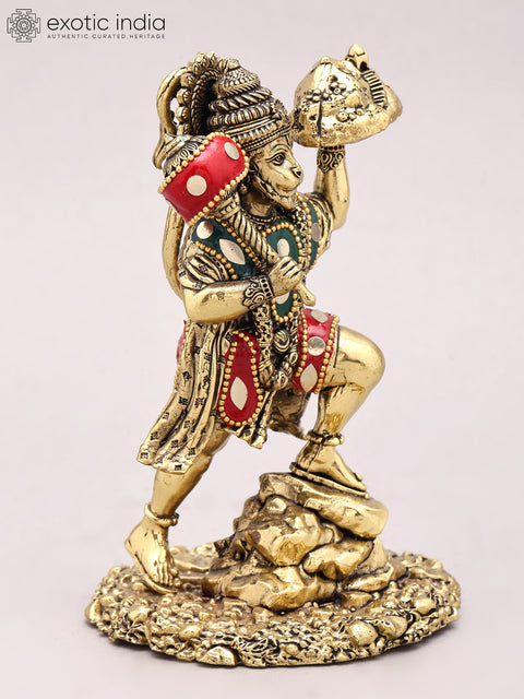 6" Small Sanjivani Hanuman | Brass Statue with Inlay Work