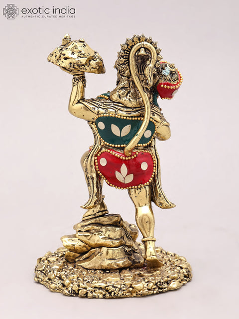 6" Small Sanjivani Hanuman | Brass Statue with Inlay Work