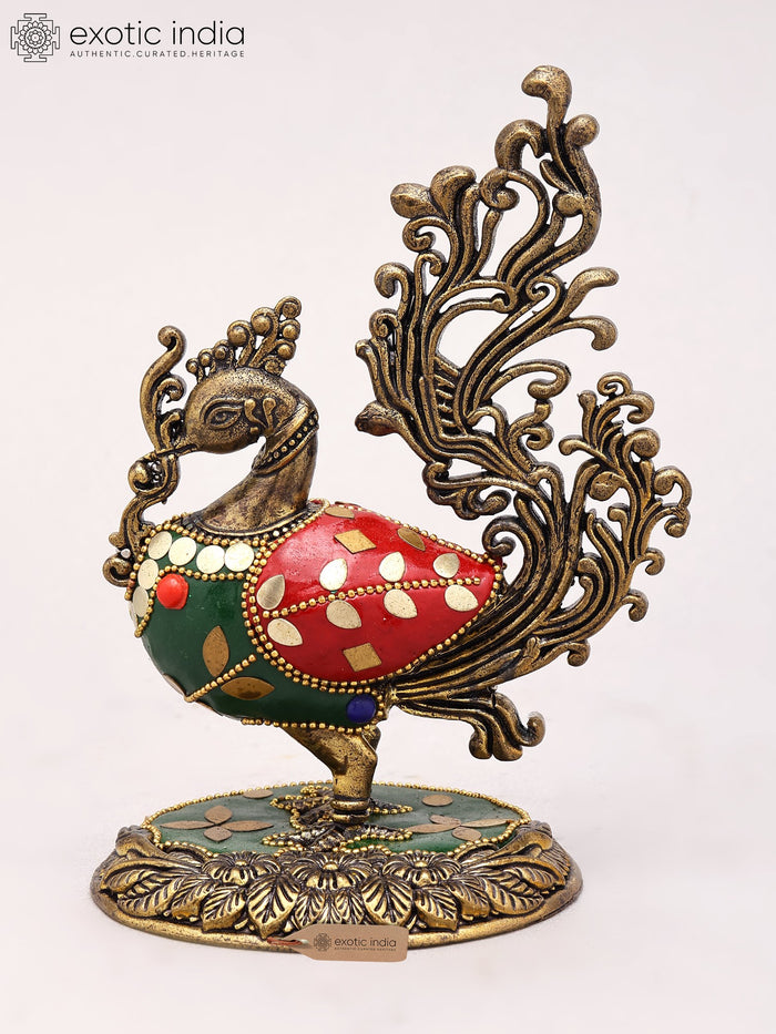 5" Handmade Brass Peacock Statue with Inlay Work