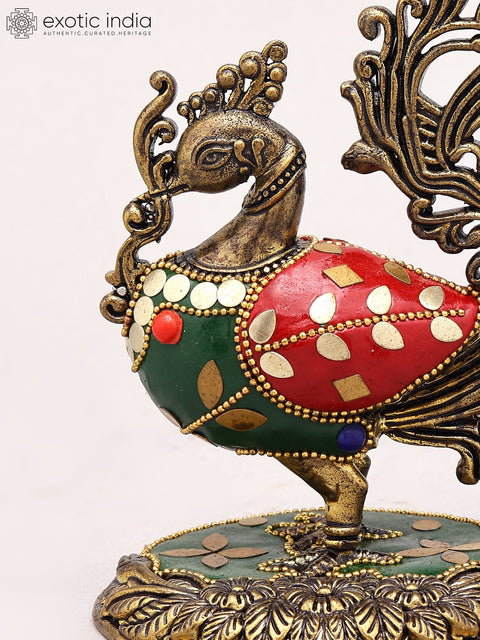 5" Small Superfine Brass Peacock Figurine in Brass with Inlay Work