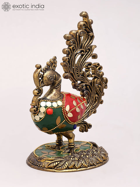 5" Small Superfine Brass Peacock Figurine in Brass with Inlay Work