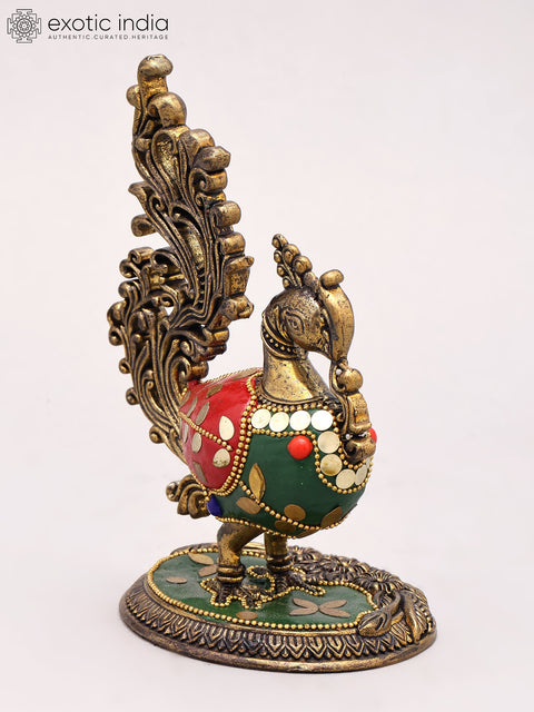 5" Small Superfine Brass Peacock Figurine in Brass with Inlay Work