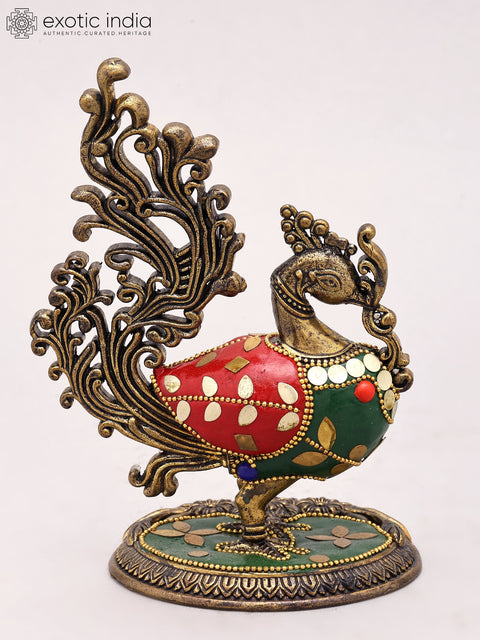5" Small Superfine Brass Peacock Figurine in Brass with Inlay Work