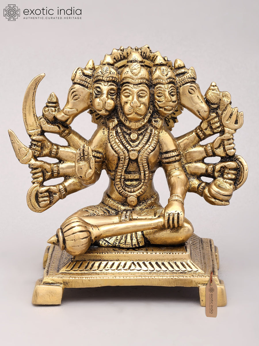6" Ten Armed Panchamukhi Hanuman Brass Idol for Pooja