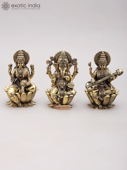 5" Brass Ganesha Lakshmi Saraswati Trio Handmade Statue Set