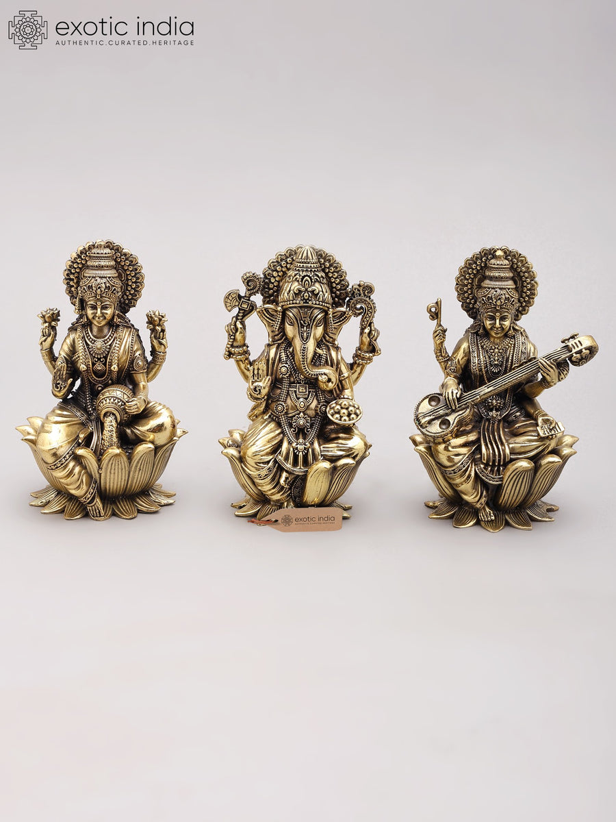 5" Brass Ganesha Lakshmi Saraswati Trio Handmade Statue Set