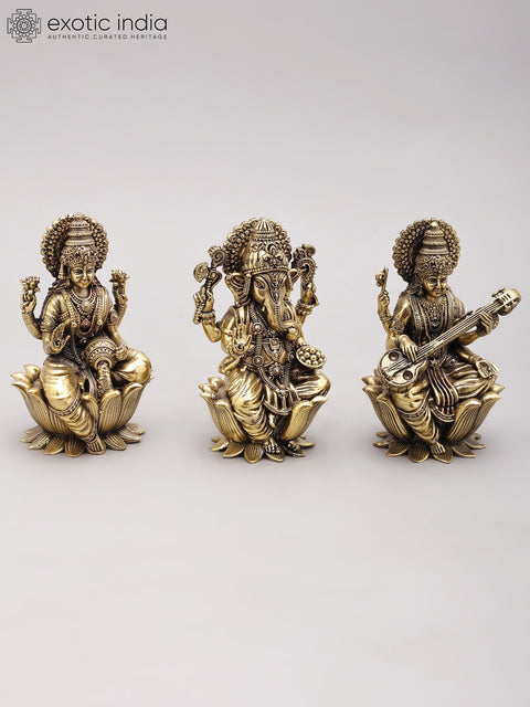 5" Small Superfine Trio of Ganesha Lakshmi Saraswati | Brass Statues